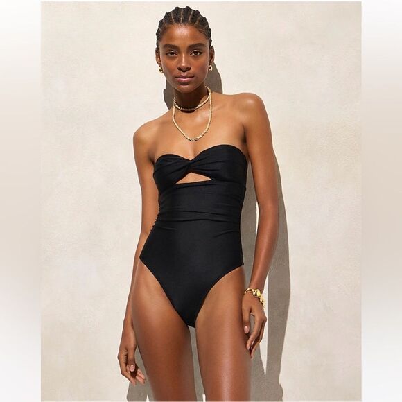 NWT J CREW Long Torso Gemma ruched bandeau cutout one-piece in black - Picture 2 of 9
